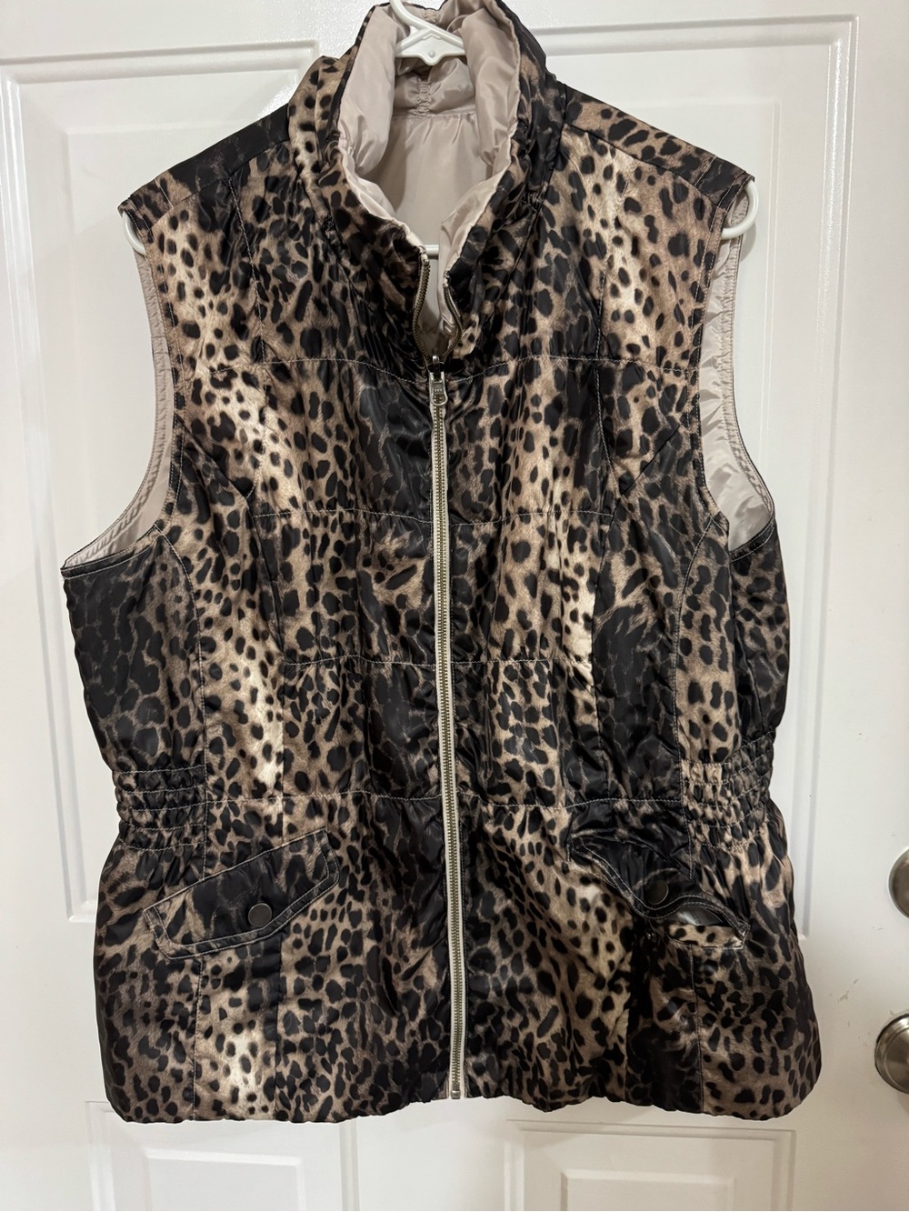 Reversible Leopard print/champagne Puffer Vest by Tribal